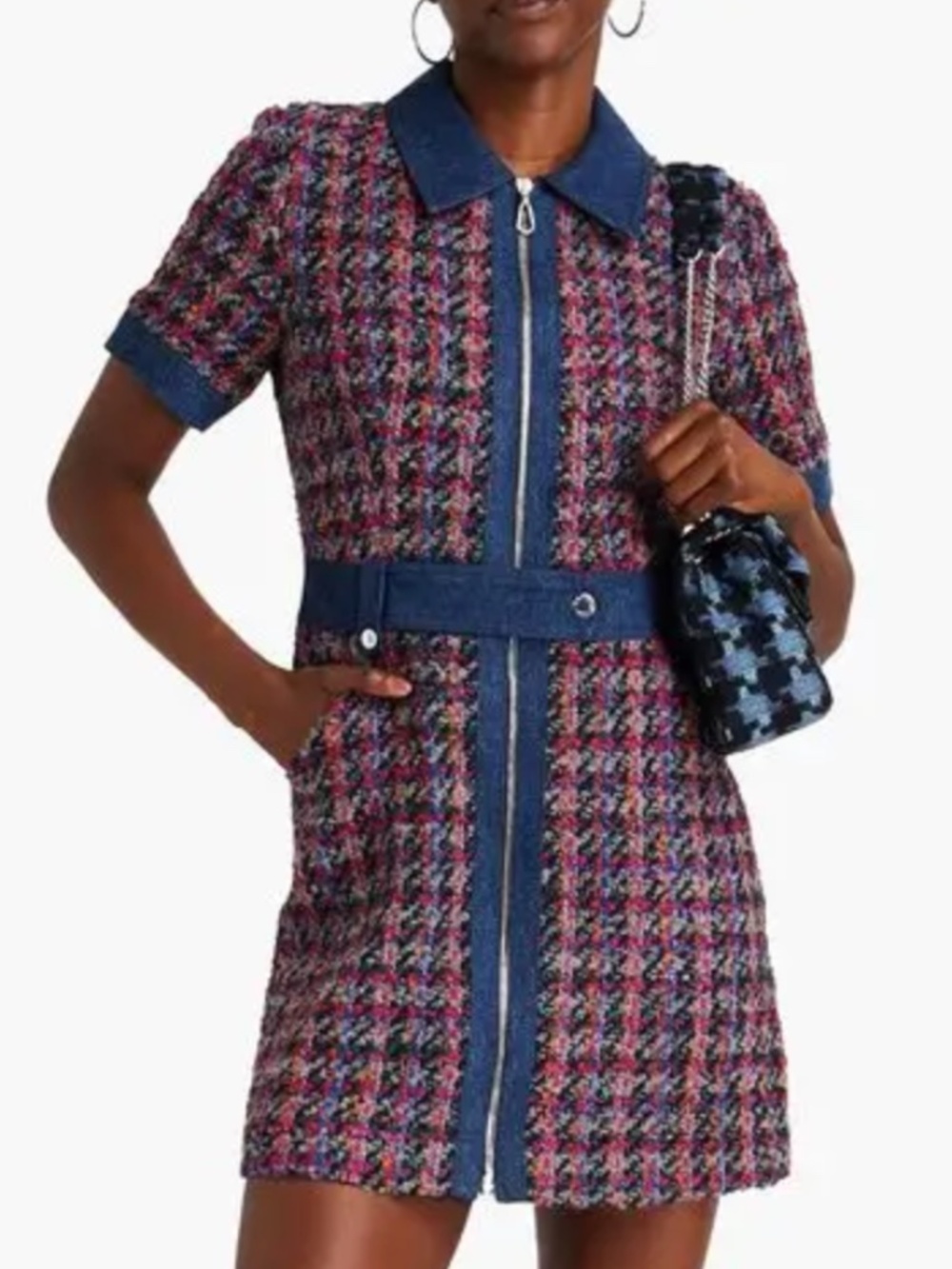 Sandro Pink Tweed Checked Denim Zip Front Coat Dress - With Tags - FR 38 = US 6